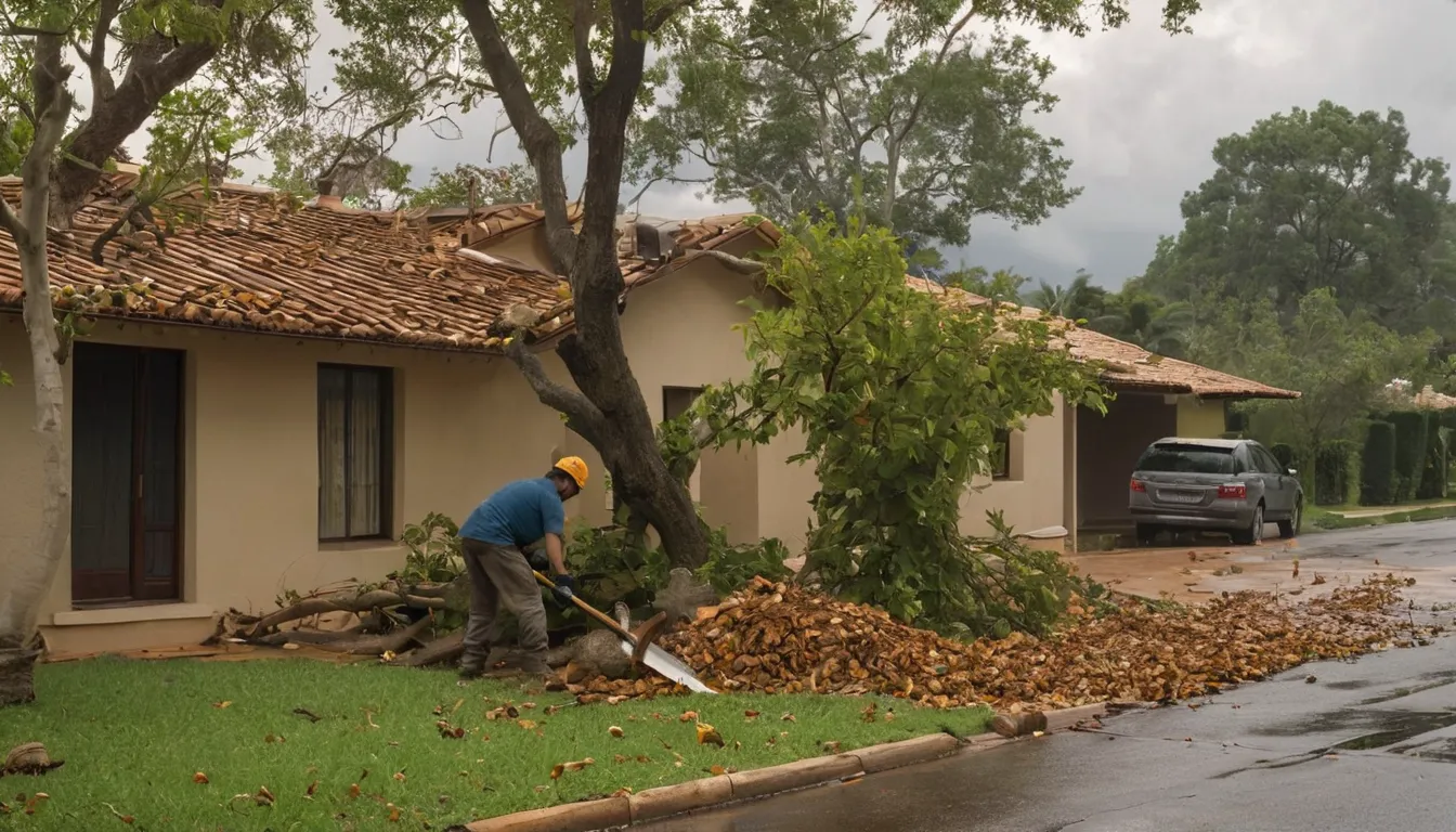 Provider crew clearing a fallen tree from a stucco home's driveway in Phoenix after a monsoon storm