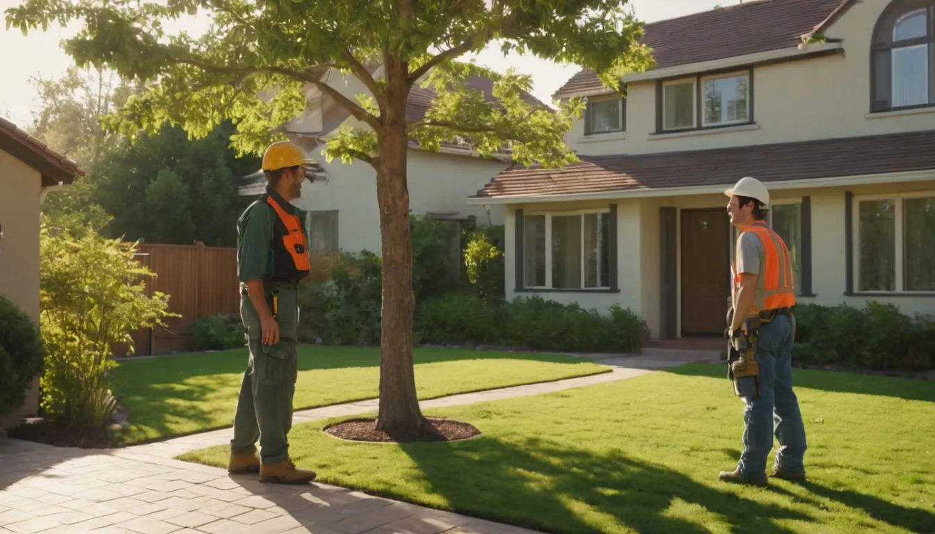 A leaning tree in a residential yard in Phoenix being assessed by a tree provider