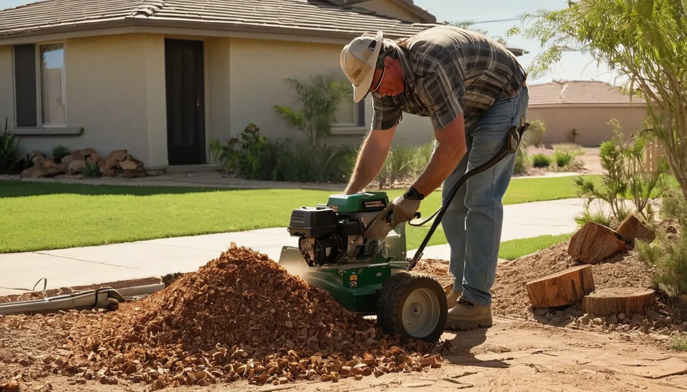 A provider grinding a tree stump in a Phoenix backyard near a stucco home